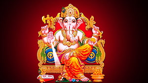 Lord Ganesha Sitting on Golden Throne with Mouse and Laddu HD wallpaper