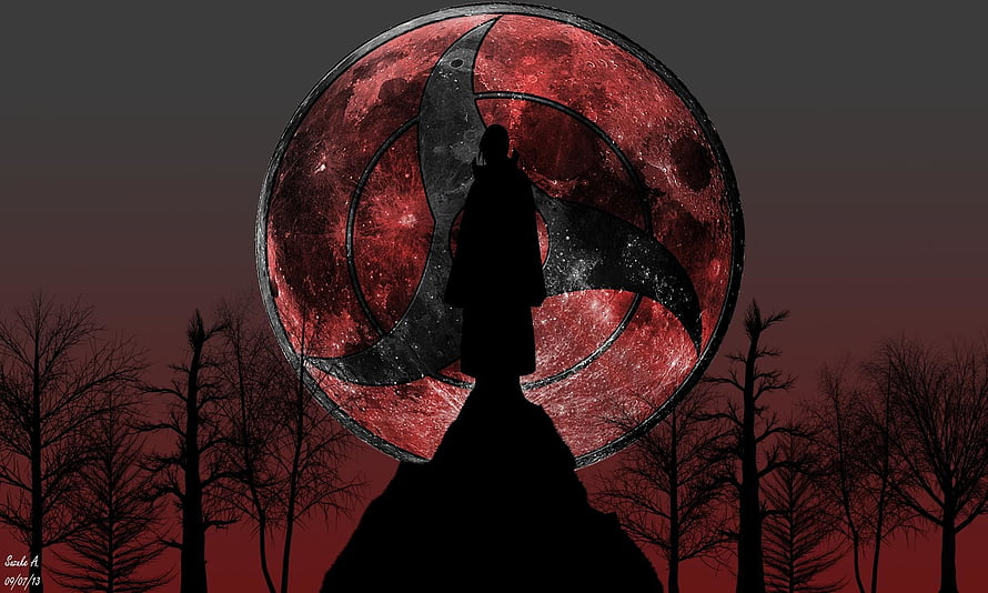 Silhouette of Uchiha Clan Member Standing Before Giant Red Moon with Uchiha Symbol HD wallpaper