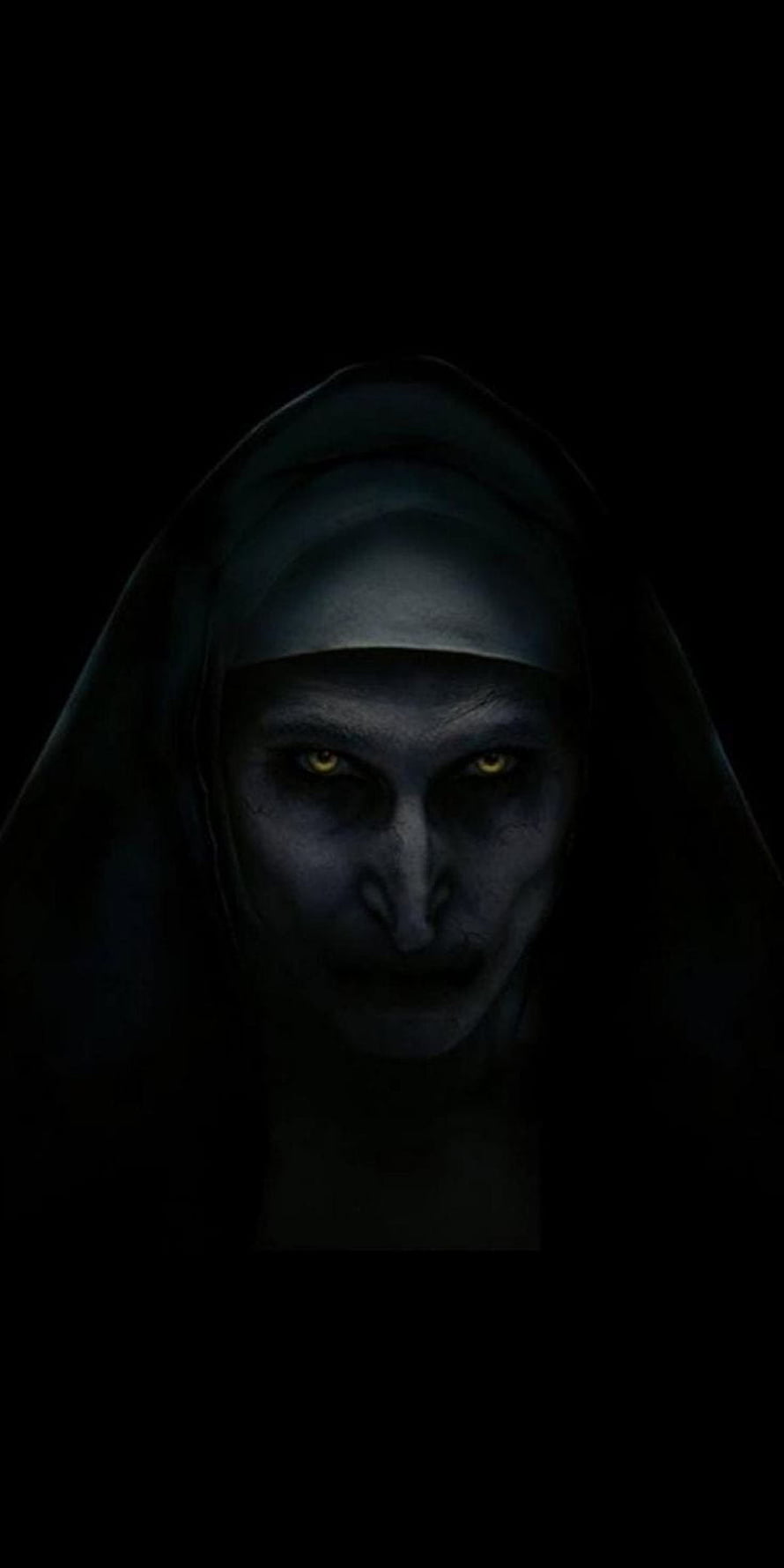 Eerie Ghost Nun Portrait with Glowing Yellow Eyes in Dark Hooded Veil HD phone wallpaper