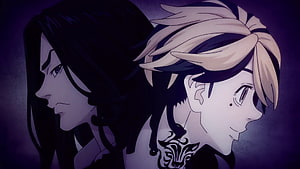 Tokyo Revengers Anime Profile Illustration of Two Characters in Dark Purple Setting HD wallpaper