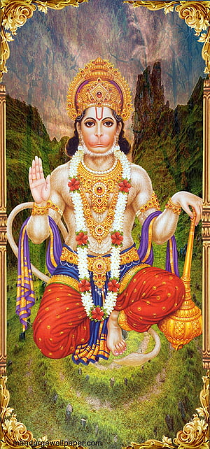 Hanuman Ji Devotional Portrait in Ornate Golden Frame with Floral Garland and Mountain Landscape, Hanuman ji mobile for Huwai P30, hanuman ji full mobile HD phone wallpaper