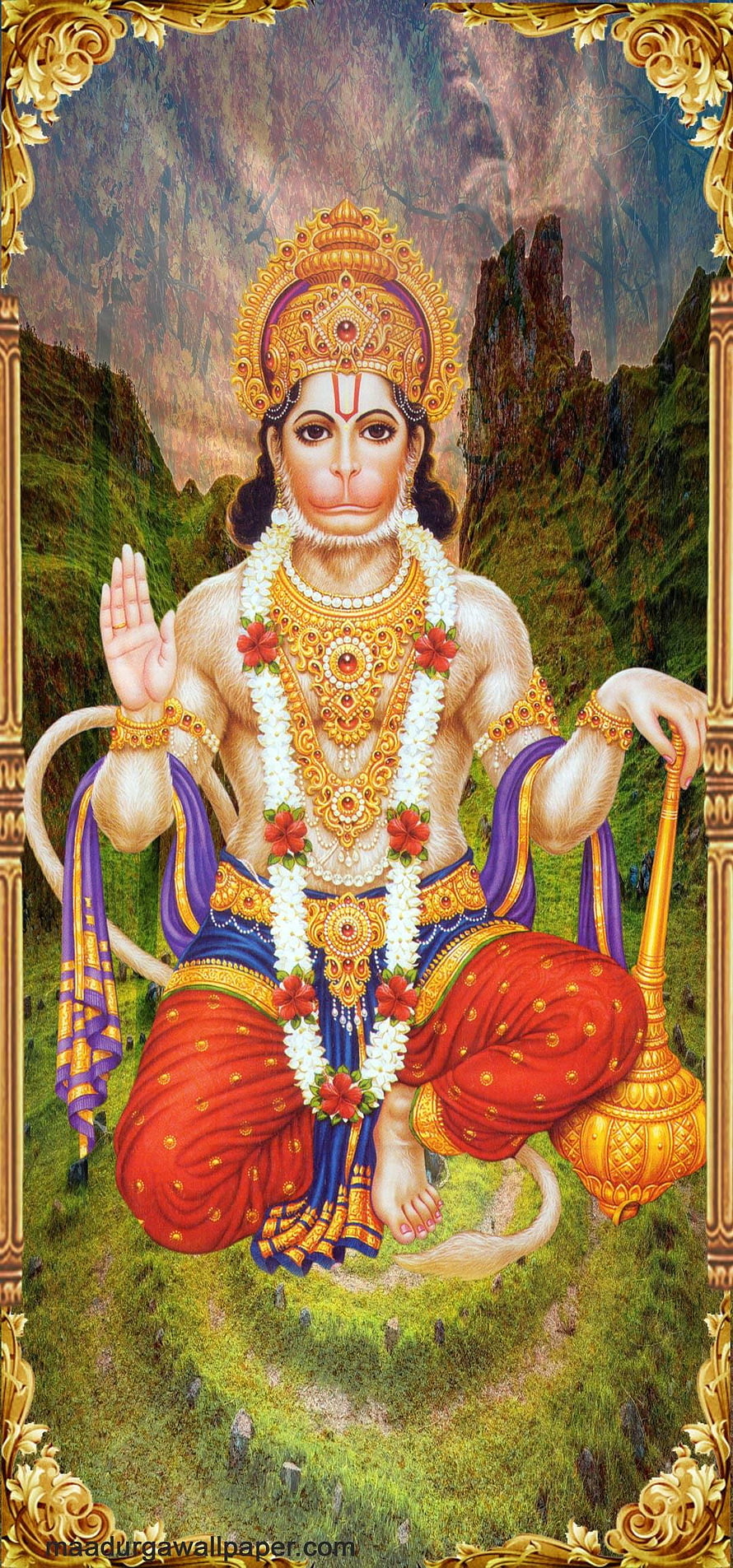 Hanuman Ji Devotional Portrait in Ornate Golden Frame with Floral Garland and Mountain Landscape, Hanuman ji mobile for Huwai P30, hanuman ji full mobile HD phone wallpaper
