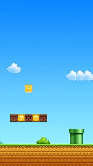 Super Mario Bros Classic Level 1-1 Background with Question Blocks and Green Pipe HD phone wallpaper