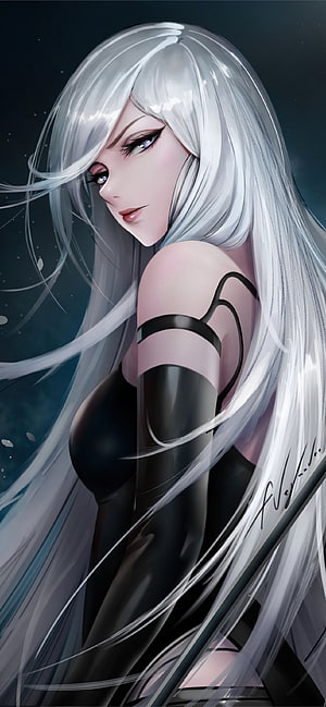 A2 from NieR Automata in Black Bodysuit with Flowing White Hair HD phone wallpaper