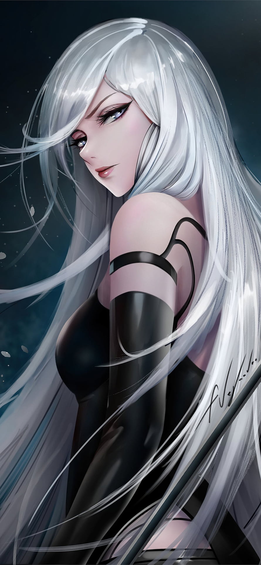 A2 from NieR Automata in Black Bodysuit with Flowing White Hair HD phone wallpaper