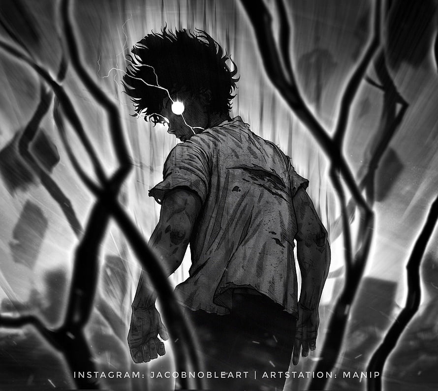 Black and White Anime Character with Glowing Eye and Lightning in Dark Forest HD wallpaper