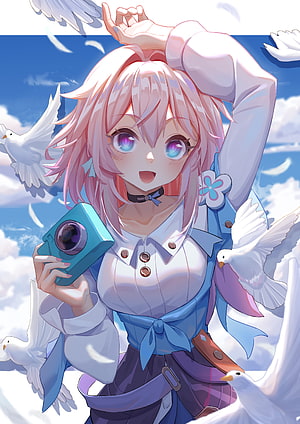 Honkai Star Rail Anime Girl With Pink Hair Holding Camera Surrounded By White Doves Under Blue Sky HD phone wallpaper