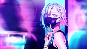 Anime Girl With Face Mask And Neon City Lights HD wallpaper