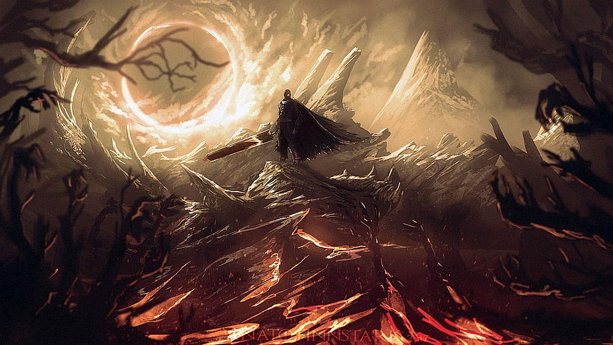Guts from Berserk Standing on Jagged Rocks Under a Glowing Eclipse HD wallpaper