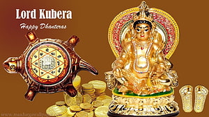 Lord Kubera Golden Statue With Turtle Yantra And Gold Coins For Dhanteras HD wallpaper