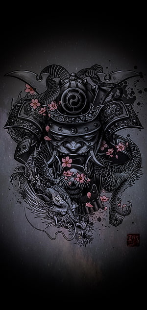Dark Samurai Helmet with Dragon and Cherry Blossoms Tattoo Art HD phone wallpaper