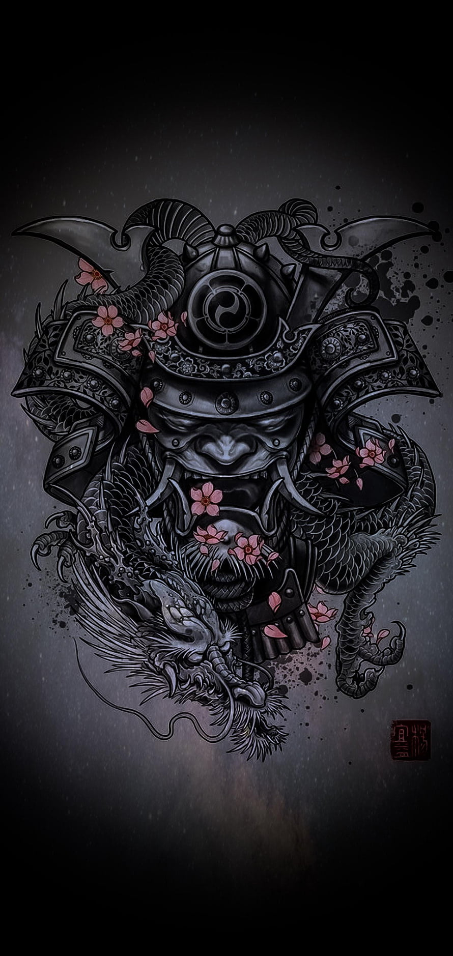 Dark Samurai Helmet with Dragon and Cherry Blossoms Tattoo Art HD phone wallpaper
