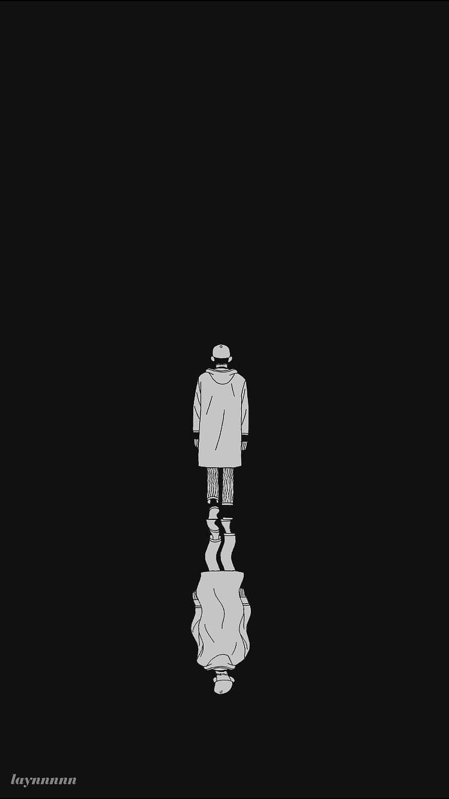 Minimalist Anime Character Standing With Reflection On Black Background HD phone wallpaper