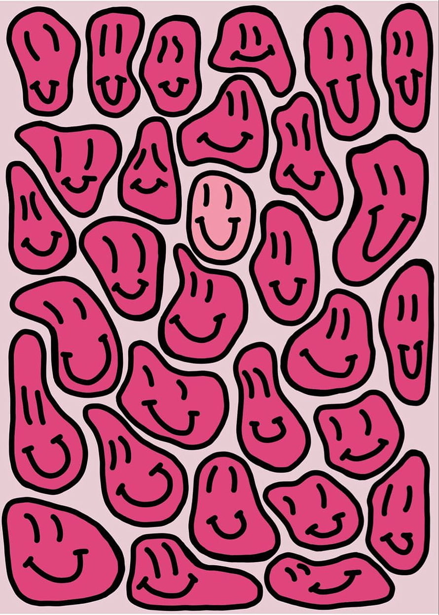 Pink Abstract Smiling Faces Pattern with Black Outlines on Light Background HD phone wallpaper