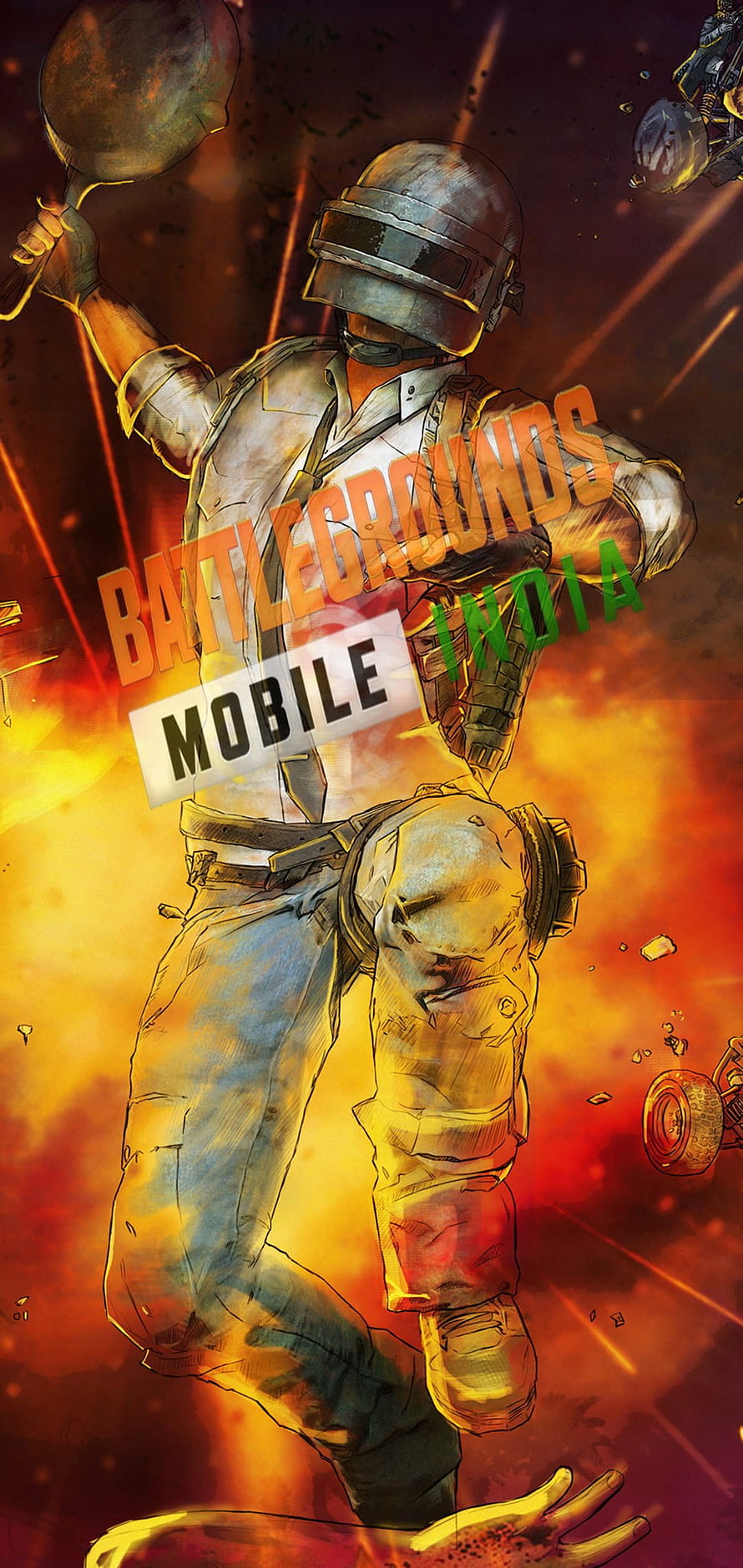 PUBG Mobile India soldier wielding frying pan in fiery battle action scene HD phone wallpaper