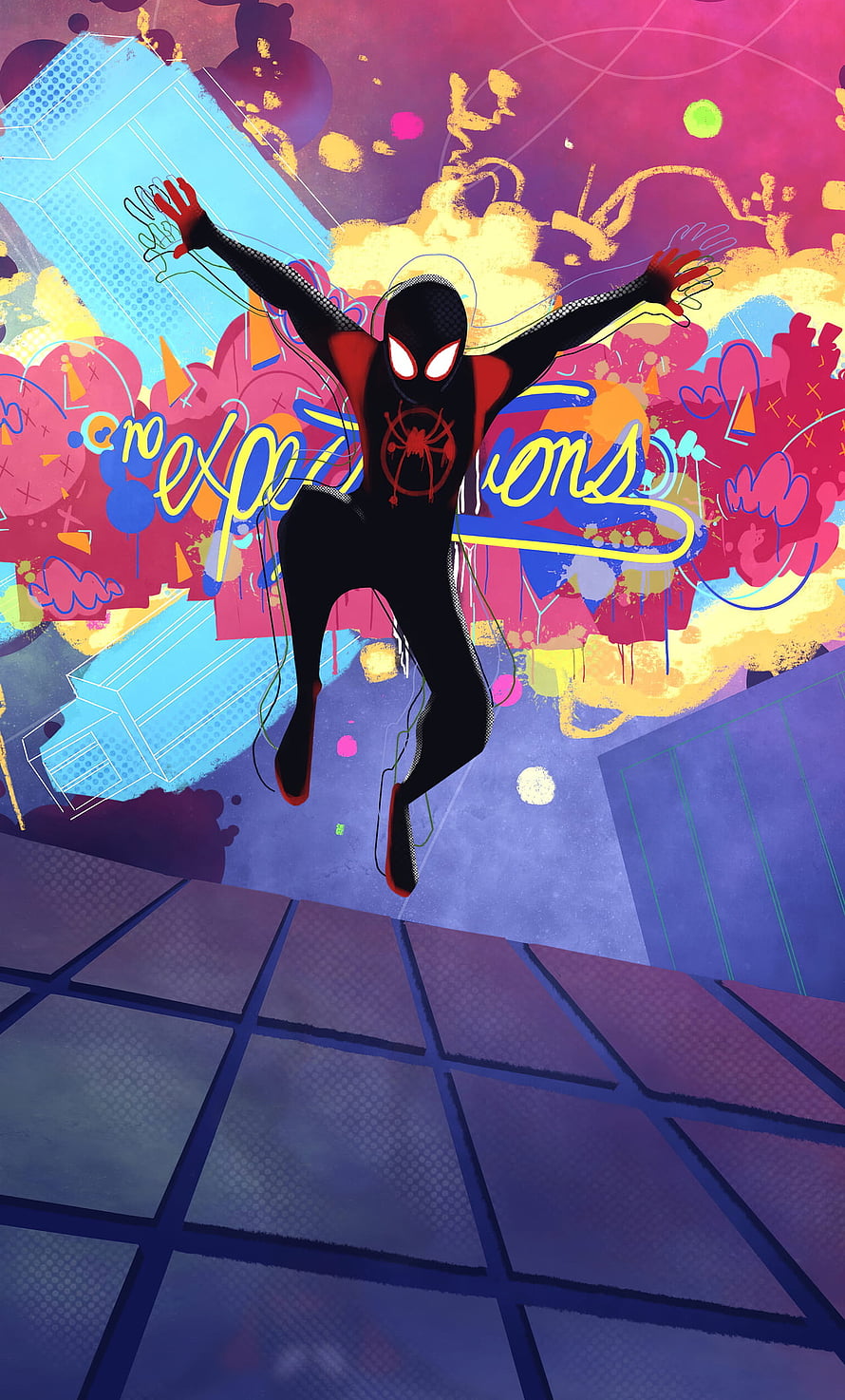 Miles Morales Spider-Man swinging through vibrant graffiti cityscape in black and red suit, 1280x2120 Spiderman Into Spiderverse , Backgrounds, and, spider man into the spider verse HD phone wallpaper