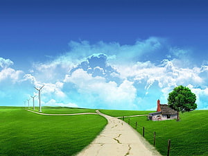 Serene Green Hills With Wind Turbines And A Rustic Cottage Under Blue Sky HD wallpaper