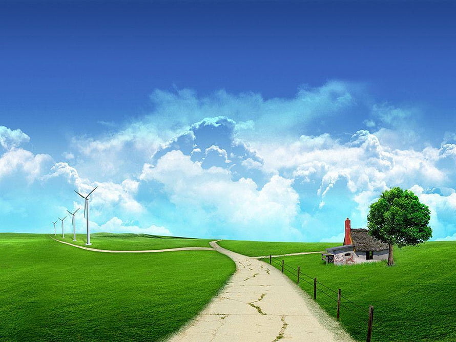 Serene Green Hills With Wind Turbines And A Rustic Cottage Under Blue Sky HD wallpaper