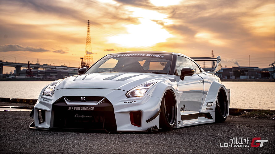 Liberty Walk Widebody Nissan GT-R R35 Coupe at Golden Hour Sunset HD wallpaper