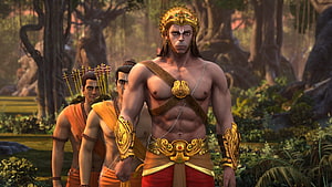 Hanuman and Vanara Army in Lush Forest Setting, The Legend of Hanuman, muscular hanuman HD wallpaper