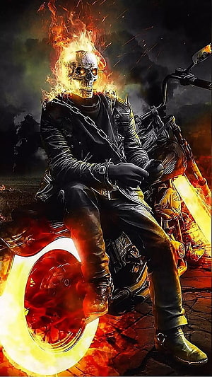 Ghost Rider Motorcycle Rider with Burning Skull and Fiery Wheels in Dark Landscape HD phone wallpaper