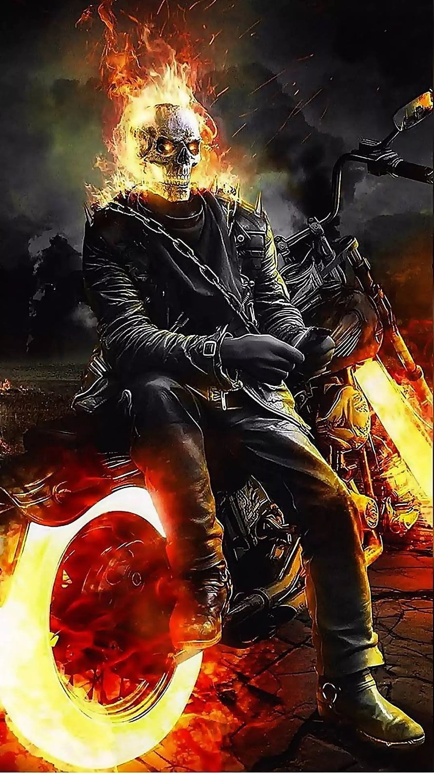 Ghost Rider Motorcycle Rider with Burning Skull and Fiery Wheels in Dark Landscape HD phone wallpaper