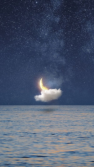 Crescent Moon Resting on Cloud Above Ocean Under Starry Night Sky HD phone wallpaper