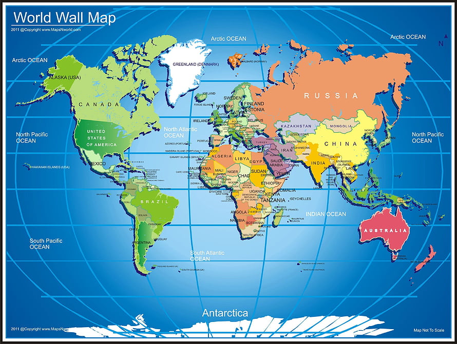 Colorful Political World Map with Country Borders and Ocean Labels HD wallpaper