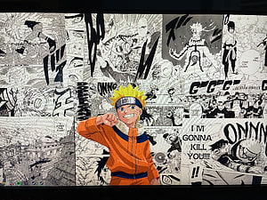Naruto Uzumaki Hero Pose Over Black and White Manga Panels HD wallpaper
