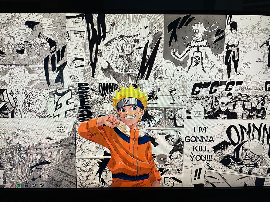 Naruto Uzumaki Hero Pose Over Black and White Manga Panels HD wallpaper