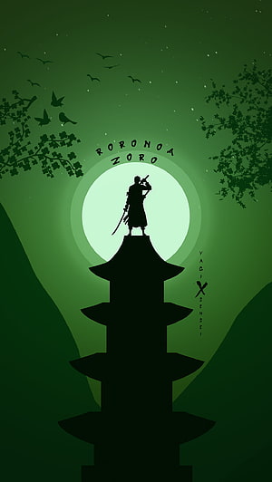Roronoa Zoro Silhouette Standing on Pagoda Tower Against Green Moon HD phone wallpaper