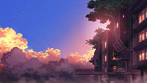 Anime Style Twilight Skyline With Glowing Windows And Dramatic Sunset Clouds HD wallpaper