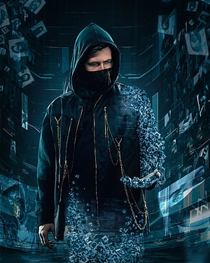 Cyberpunk Hacker in Hoodie with Digital Glitch Effect and Data Particles HD phone wallpaper