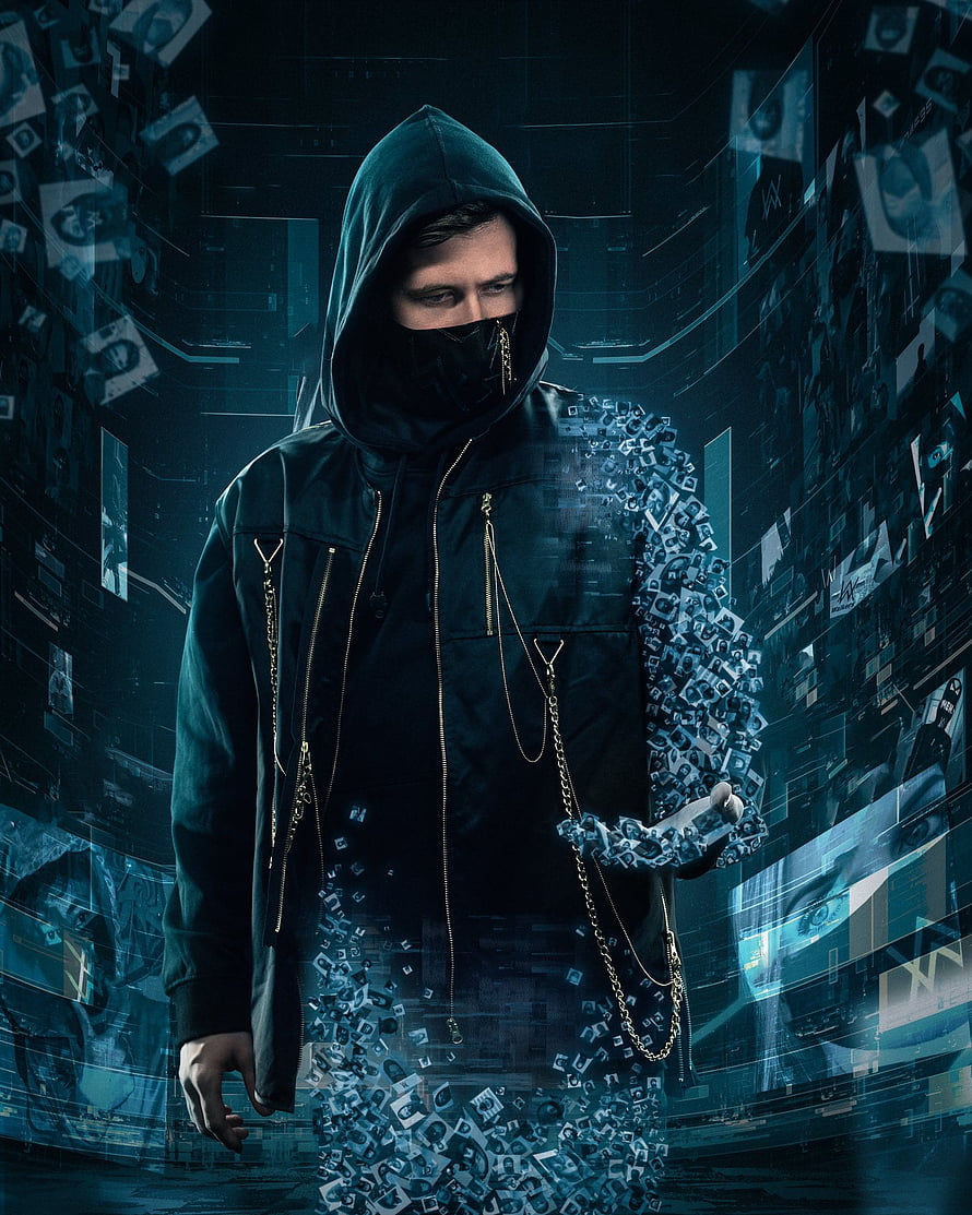 Cyberpunk Hacker in Hoodie with Digital Glitch Effect and Data Particles HD phone wallpaper