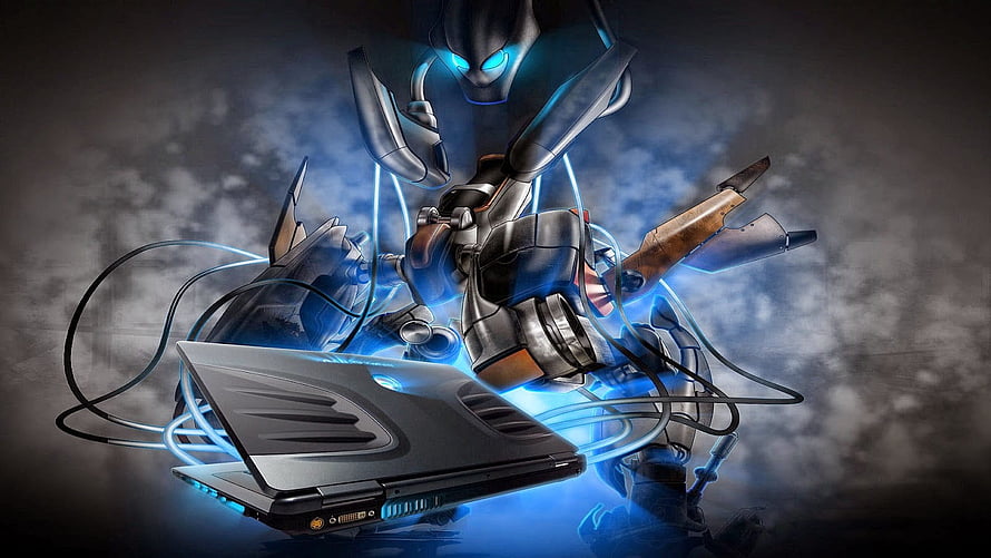 Futuristic Gaming Laptop with Cybernetic Robot and Blue Neon Energy HD wallpaper