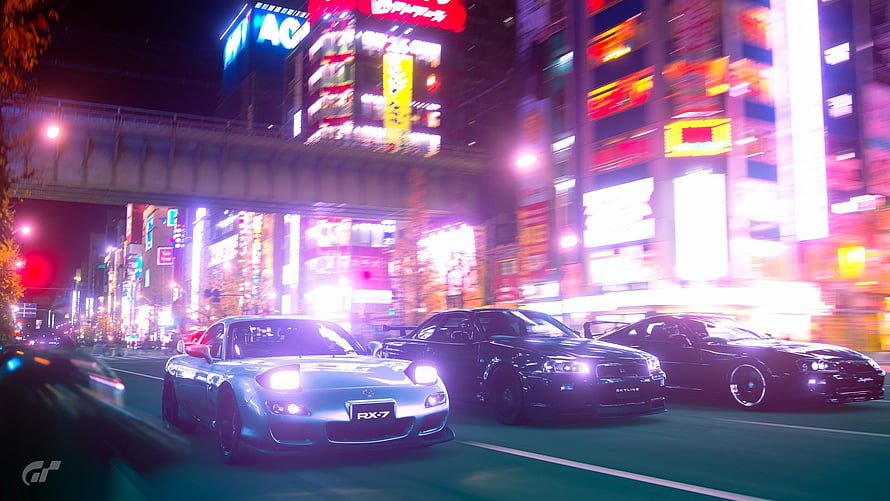 JDM Supercars Racing Through Neon-Lit Tokyo Streets at Night HD wallpaper