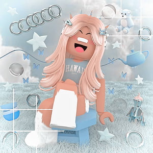 Happy Roblox Avatar With Pink Hair Sitting On Blue Stool In Dreamy Pastel Scene HD phone wallpaper
