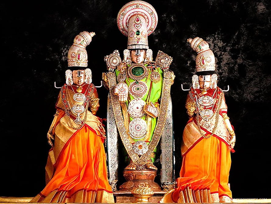 Lord Balaji and Perumal Deities in Ornate Temple Attire with Traditional Jewelry HD wallpaper