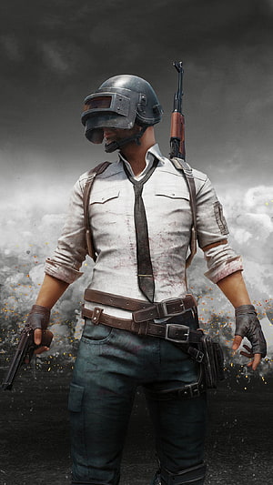 PUBG Mobile Character in White Shirt and Helmet with Pistol and Rifle HD phone wallpaper