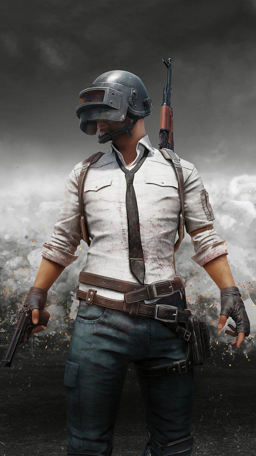 PUBG Mobile Character in White Shirt and Helmet with Pistol and Rifle HD phone wallpaper