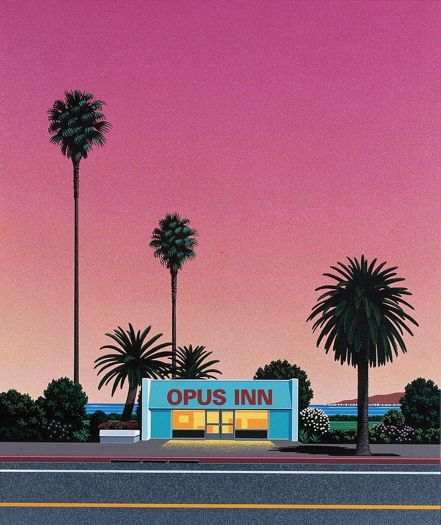Opus Inn at Dusk by Hiroshi Nagai: Retro Palm Tree Landscape Illustration HD phone wallpaper