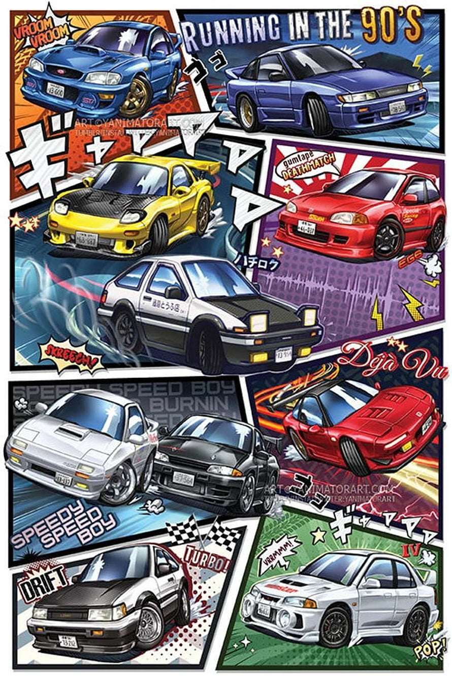 Initial D Manga Style 90s JDM Car Poster Art Print HD phone wallpaper