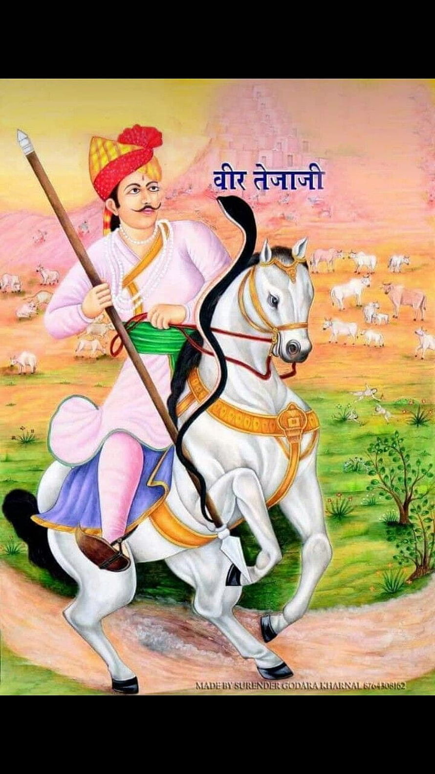 Veer Teja Ji on White Horse with Spear in Traditional Attire HD phone wallpaper