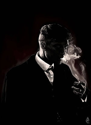 Thomas Shelby from Peaky Blinders in a moody black and white portrait smoking a cigarette HD phone wallpaper