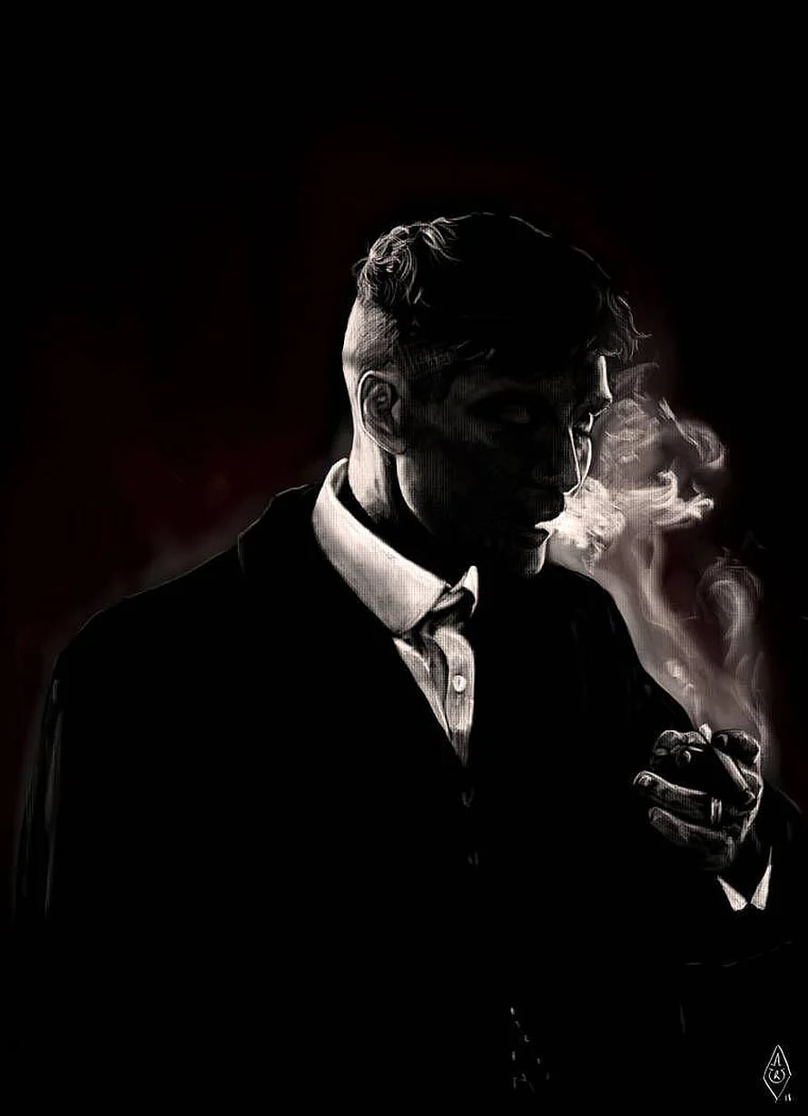 Thomas Shelby from Peaky Blinders in a moody black and white portrait smoking a cigarette HD phone wallpaper