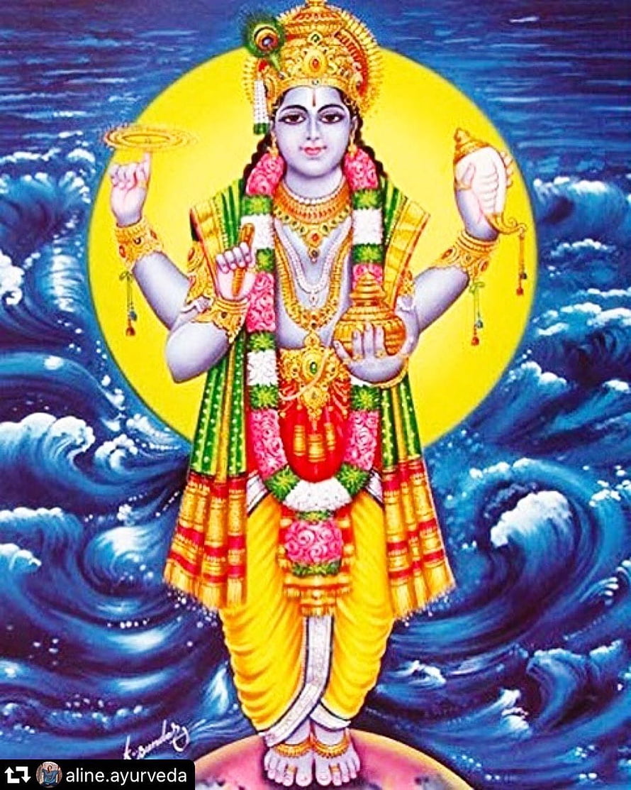 Lord Dhanvantari Standing on Ocean Waves with Golden Halo and Traditional Attire HD phone wallpaper