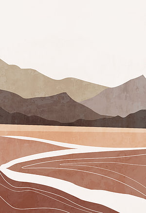 Minimalist Boho Desert Landscape with Winding River and Layered Mountains HD phone wallpaper