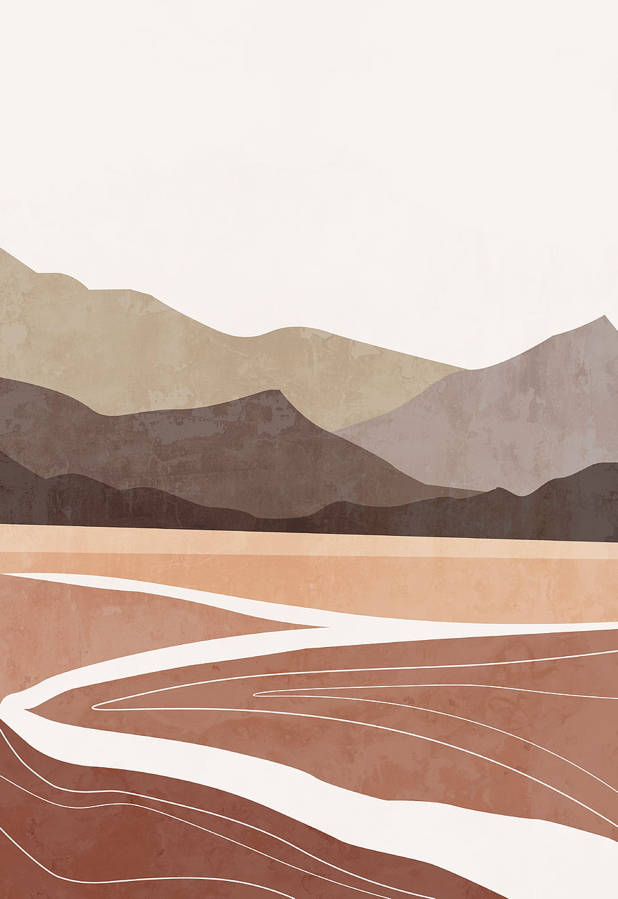 Minimalist Boho Desert Landscape with Winding River and Layered Mountains HD phone wallpaper