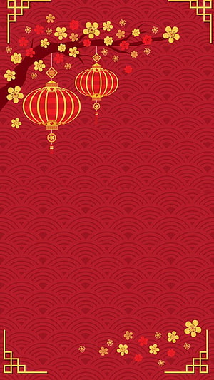 Chinese New Year Lanterns and Plum Blossoms on Red Seigaiha Pattern HD phone wallpaper