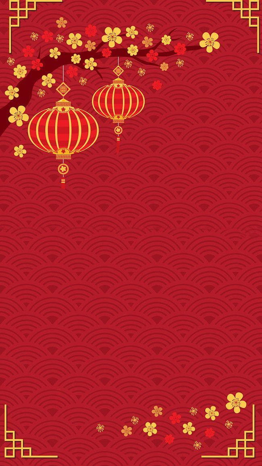 Chinese New Year Lanterns and Plum Blossoms on Red Seigaiha Pattern HD phone wallpaper